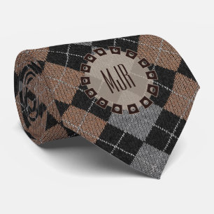 Two-Sided Brown, Grey and Black Argyle Monogram Tie