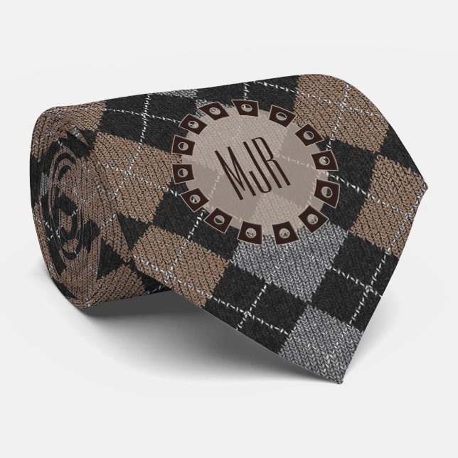 Two-Sided Brown, Grey and Black Argyle Monogram Tie (Rolled)