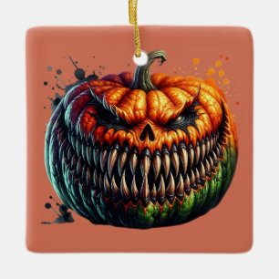 Two Sided Creepy Pumpkins With Large Teeth Ceramic Ornament