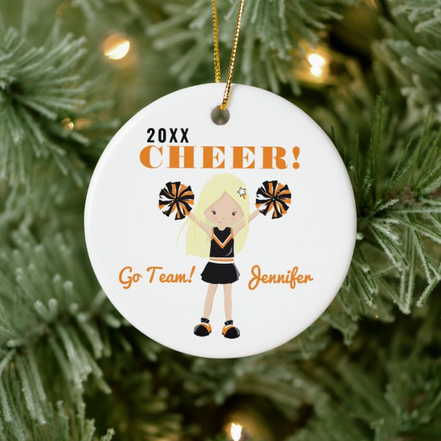 Two-Sided Cute Blonde Cheerleader Christmas Cerami Ceramic Ornament (Tree)