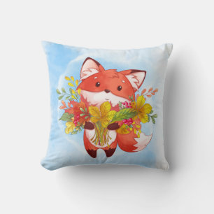 Two-sided Cute Red Fox with Fall Leaves, Umbrella Throw Pillow