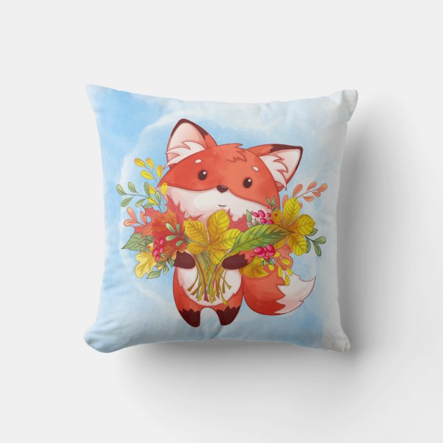 Two-sided Cute Red Fox with Fall Leaves, Umbrella Throw Pillow (Front)