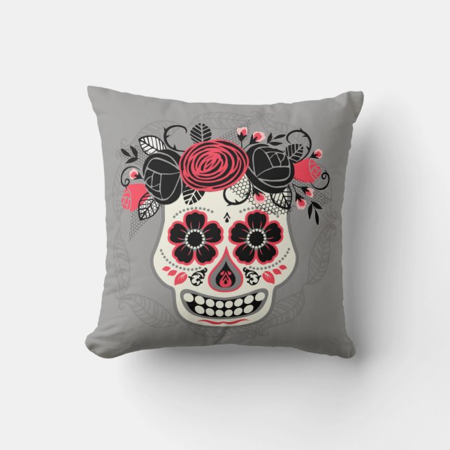 Two-sided Day of the Dead Sugar Skulls Throw Pillow (Front)