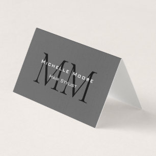 Two Sided Monogrammed Black Grey Calligraphy Linen Business Card