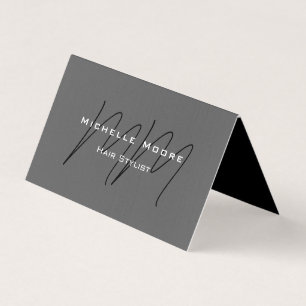 Two Sided Monogrammed Black Grey Calligraphy Linen Business Card