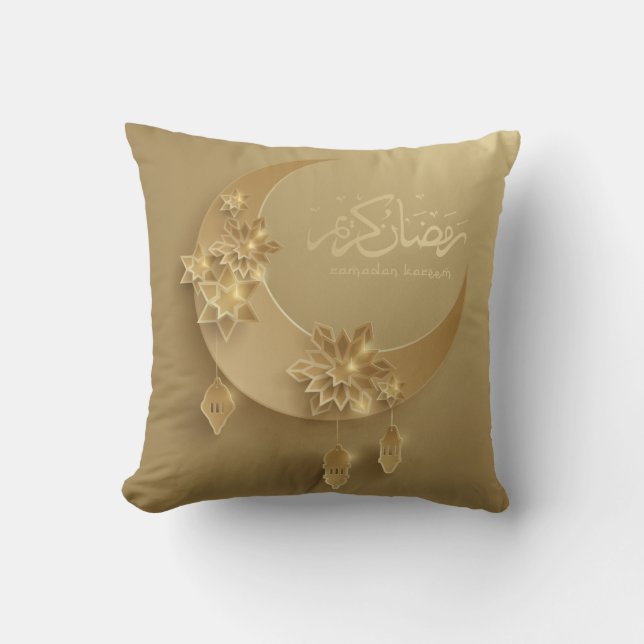 Two-sided Paper cut Ramadan lanterns & moon, gold Throw Pillow (Front)