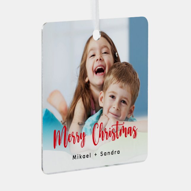 Two-sided personalization Photo Red Christmas Metal Ornament (Front Right)