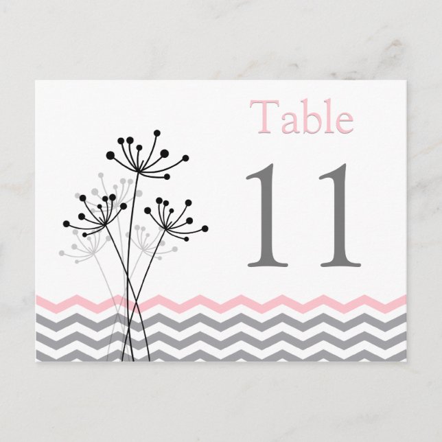 Two-Sided Pink Grey White Chevron Table Number Postcard (Front)