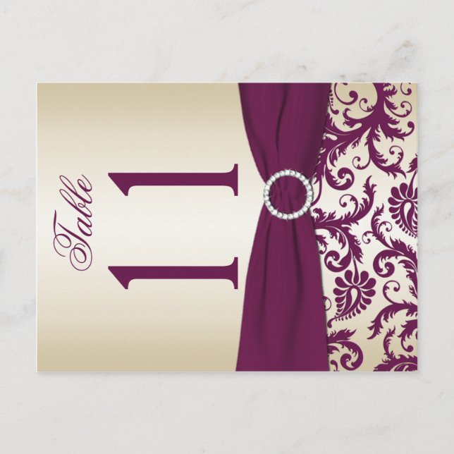 Two-sided Plum and Champagne Damask Table Number Postcard (Front)