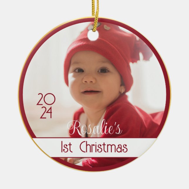 Two Sided Red Gold Baby's First Christmas Ornament (Front)