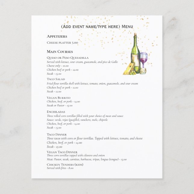 Two sided Wine Cheese Menu Template Budget (Front)