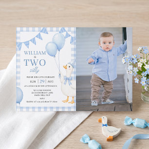 Two Silly Blue Gingham Boy 2nd Birthday Invitation