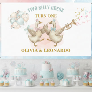 Two Silly Geese Boy & Girl Twins Birthday Banner