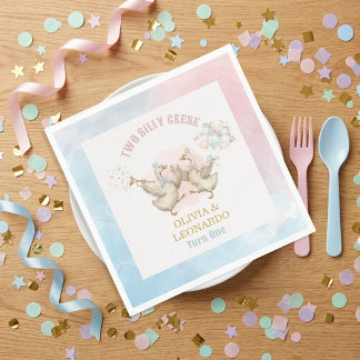 Two Silly Geese Boy & Girl Twins Birthday Napkin