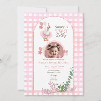 Two Silly Goose 2nd Birthday Pink Photo Invitation