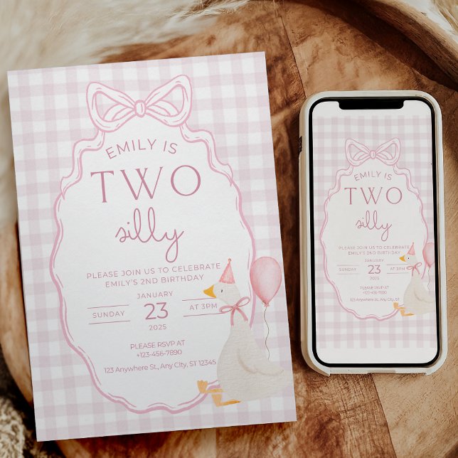 Two Silly Goose Birthday Invite Pink Gingham (Creator Uploaded)
