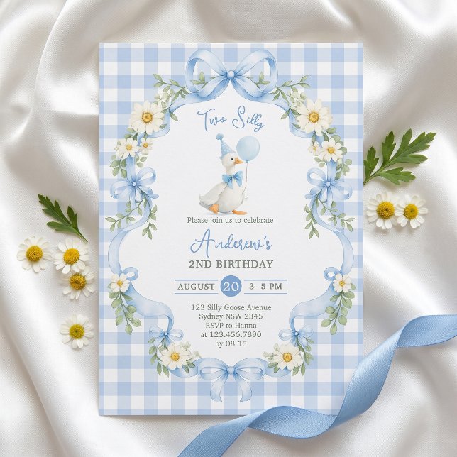 Two Silly Goose Blue Bow Birthday Invitation (Creator Uploaded)