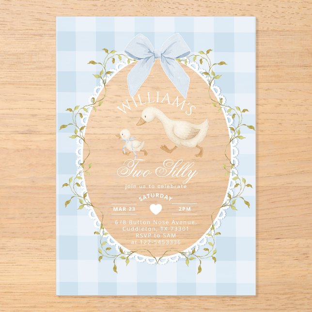 Two Silly Goose Blue Gingham 2nd Birthday Acrylic Invitations (Front)