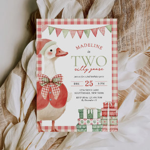 Two Silly Goose Christmas Gingham 2nd Birthday Invitation
