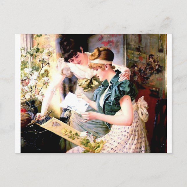 Two Sisters Friends Reading Letter painting Postcard (Front)