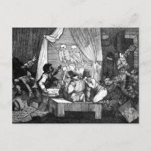 Two Skeletons enter a bar postcard