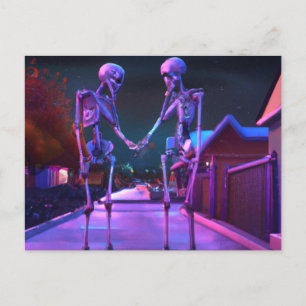 Two skeletons falling in love postcard