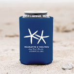 Two Skinny Starfish | Dark Blue Wedding Can Cooler<br><div class="desc">Two white skinny starfish with a solid Dark Blue background & White lettering. A fun CAN COVER to use at your Rehearsal Dinner or Wedding Day or even for a Family Reunion. Customize with your names and wedding date. You can also click on "Customize It" to add more text on...</div>