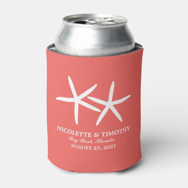 Two Skinny Starfish | Dark Coral Wedding Can Cooler (Can Front)