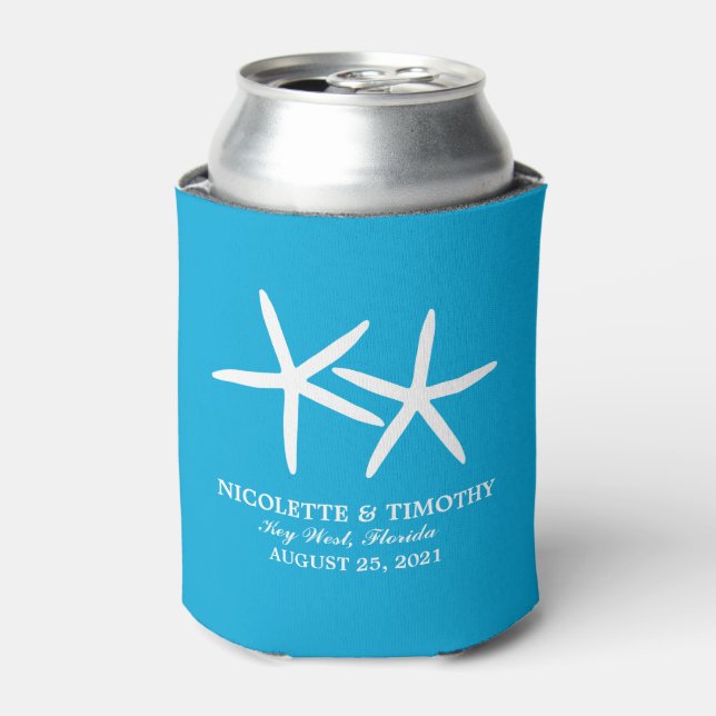 Two Skinny Starfish | Ocean Blue Wedding Can Cooler (Can Front)