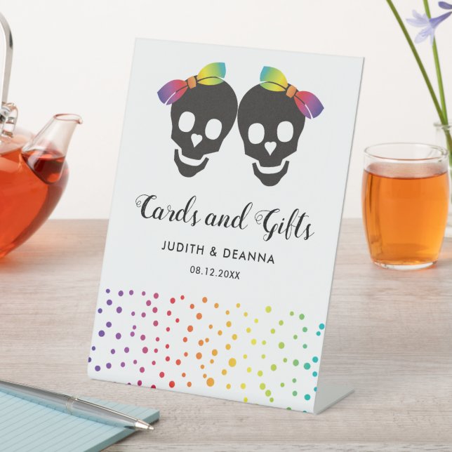 Two skull brides colourful confetti lesbian weddin pedestal sign (In SItu)