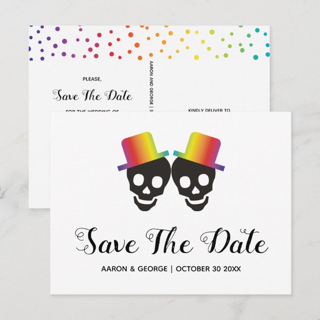 Two skull grooms, confetti gay Save the Date Announcement Postcard (Front/Back)