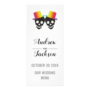 Two skull grooms with hats gay wedding menu card