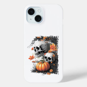 Two skulls and a pumpkin among flowers. iPhone 15 case