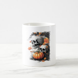Two skulls and a pumpkin among flowers. coffee mug