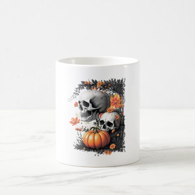 Two skulls and a pumpkin among flowers. coffee mug (Center)