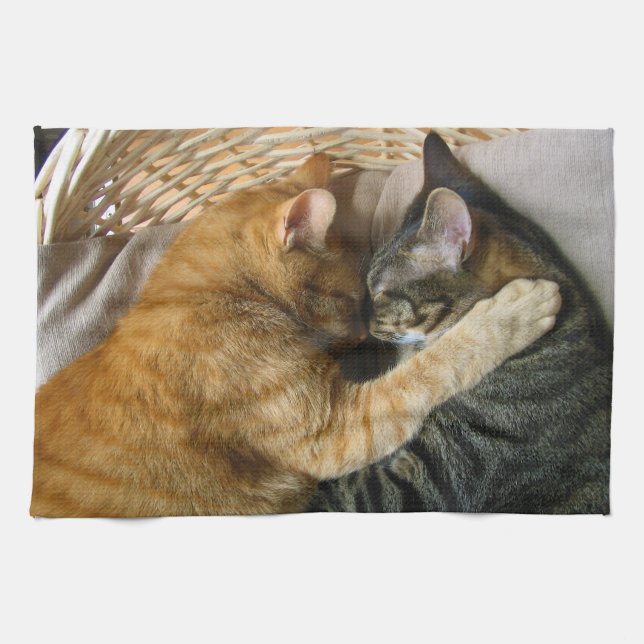 Two Sleeping Tabby Cats Cuddling Kitchen Towel (Horizontal)