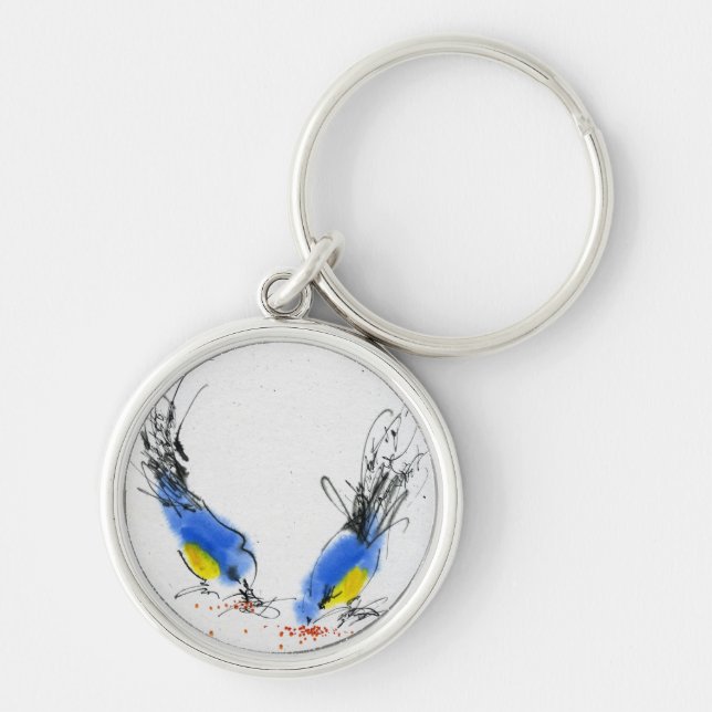 Two small titmouses pecking grain. Calligraphy Keychain (Front)