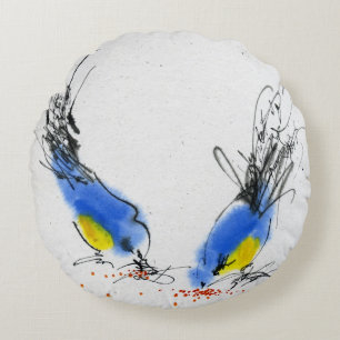 Two small titmouses pecking grain. Calligraphy Round Pillow