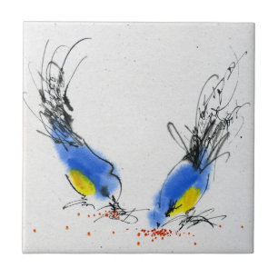 Two small titmouses pecking grain. Calligraphy Tile