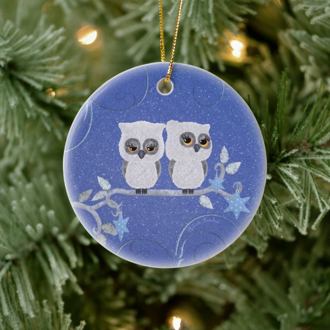 Two small white owls ceramic ornament (Tree)