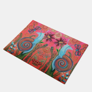 two snails on pink doormat