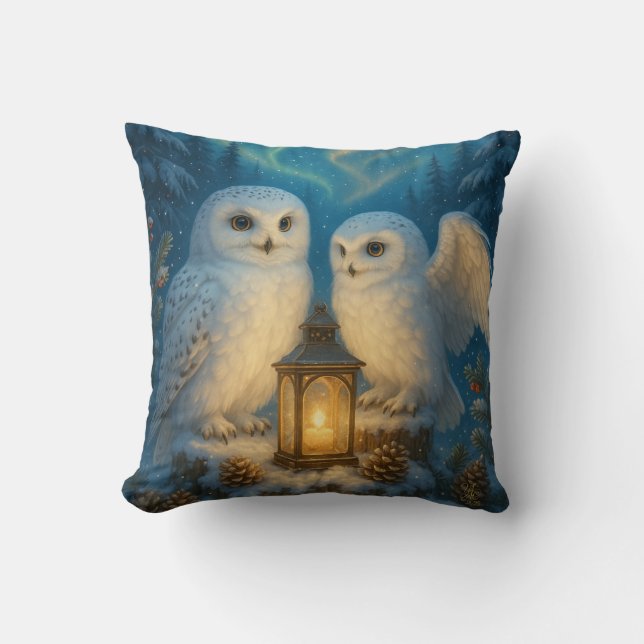 Two snow owls in winter snow throw pillow (Front)