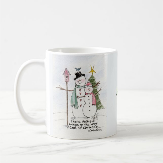 Two Snow People Watercolor Magic Winter Scene  Coffee Mug (Left)