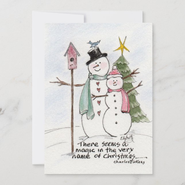 Two Snow People Watercolor Magic Winter Scene  Holiday Card (Front)