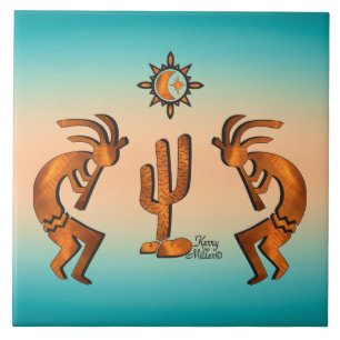 Two Southwest Kokopelli Ceramic Tile
