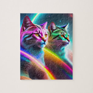 Two Space Cats Neon Lights Colourful Cats Jigsaw Puzzle