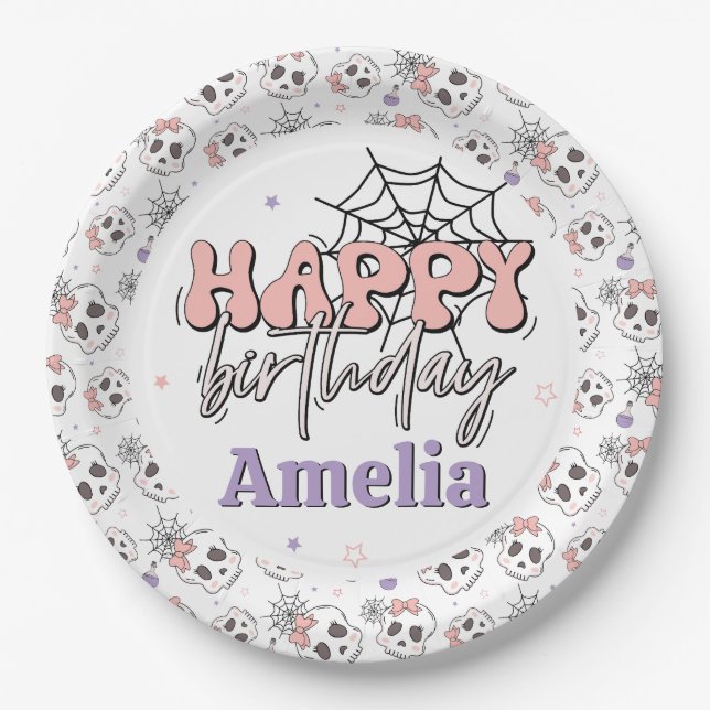 Two Spooky Cute Pink Halloween Happy Birthday Paper Plate (Front)