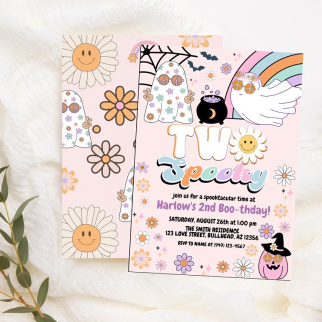 Two Spooky Groovy Ghost Hippie Halloween Birthday Invitation (Creator Uploaded)