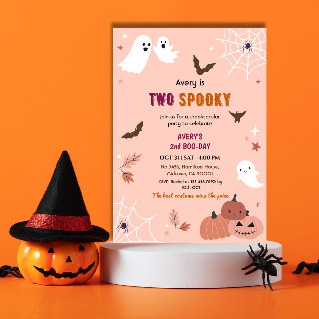 Two Spooky Halloween Birthday Ghost Peach bats Invitation (Creator Uploaded)
