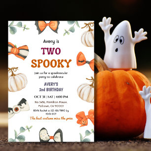 Two Spooky Halloween Birthday Pumpkin Bow Cute Invitation
